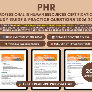Könnte beinhalten: Ein PHR Professional in Human Resources Zertifizierungs-Lernleitfaden mit Übungsfragen für 2026-2027. Das Cover zeigt braunen Text auf beigem Hintergrund und listet Prüfungsübersicht, Inhaltsprüfung, Strategien und Übungstests auf.
