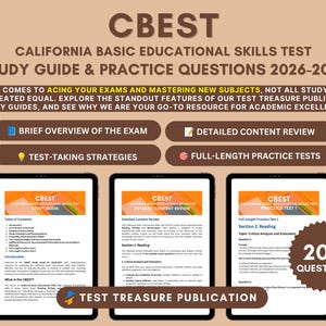 Könnte beinhalten: Ein Studienführer für den CBEST California Basic Educational Skills Test 2026-2027. Der Text enthält einen Überblick, Inhaltsprüfung, Teststrategien und vollständige Übungstests. Drei Tablet-Bildschirme zeigen interne Seiten mit 200 Fragen.