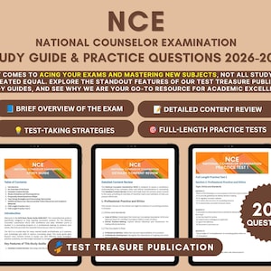 以下が含まれることがあります： NCEと題された2026-2027年全米カウンセラー試験の学習ガイド。目次、詳細な内容レビュー、200問の練習問題など、コンテンツを表示する3つのタブレット画面が配置されています。