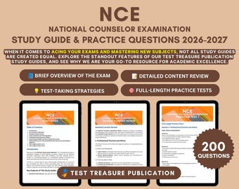 May include: A study guide for the National Counselor Examination 2026-2027 titled NCE. It features three tablet screens displaying content, including a table of contents, detailed content review, and practice test questions with 200 questions.