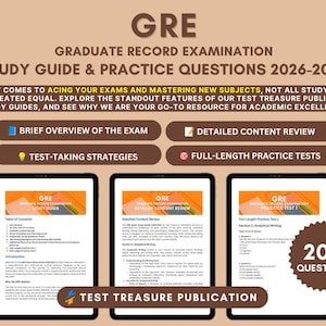 May include: A GRE Graduate Record Examination study guide and practice questions book for 2026-2027. The cover features brown text on a tan background, highlighting test-taking strategies, content review, and 200 questions by Test Treasure Publication.
