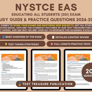 Op de afbeelding: De NYSTCE EAS Educating All Students (201) Exam Study Guide & Practice Questions 2026-2027 bevat een overzicht, inhoudelijke beoordeling, teststrategieën en volledige oefentoetsen. Het bevat 200 vragen van Test Treasure Publication.