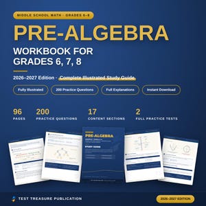May include: A dark blue Pre-Algebra workbook for grades 6-8, 2026-2027 edition. The cover features yellow text, 96 pages, 200 practice questions, 17 content sections, and 2 full practice tests. Five interior pages show math diagrams and text.