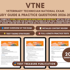 Peut inclure: Un guide d'étude et un livre de questions pratiques pour l'examen national de technicien vétérinaire 2026-2027 par Test Treasure Publication. La couverture présente du texte, quatre encadrés et trois tablettes affichant des pages internes.