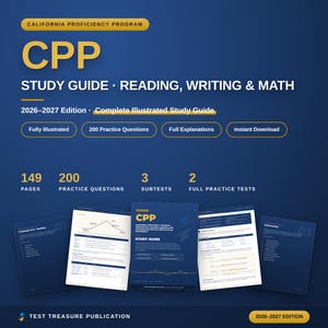 Op de afbeelding: Een blauwe California Proficiency Program CPP studiegids voor lezen, schrijven en wiskunde, editie 2026-2027. De omslag bevat tekst, 200 oefenvragen, 149 pagina's, 3 subtests en 2 volledige oefentoetsen. Inclusief vijf voorbeeldpagina's.