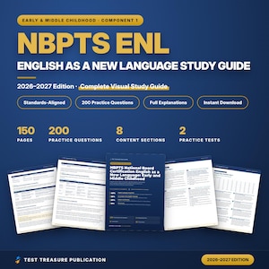 Peut inclure: Un guide d'étude 2026-2027 pour NBPTS ENL English as a New Language, comprenant 150 pages, 200 questions d'entraînement, 8 sections de contenu et 2 tests pratiques. La couverture bleue affiche du texte jaune et cinq pages.