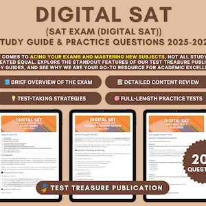 Op de afbeelding: Een studiehandleiding voor het Digital SAT-examen, met de tekst "DIGITAL SAT" en "STUDY GUIDE & PRACTICE QUESTIONS 2025-2026." De afbeelding toont tablets met inhoud, tegen een bruine achtergrond met tekstvakken.
