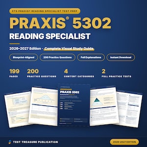 Op de afbeelding: Een Praxis 5302 Reading Specialist studiehandleiding editie 2026-2027 met 199 pagina's, 200 oefenvragen, 4 inhoudscategorieën en 2 volledige oefentoetsen. De omslag en binnenpagina's worden getoond tegen een donkerblauwe achtergrond.