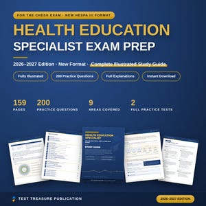 Może przedstawiać: Niebiesko-żółty przewodnik do nauki przygotowujący do egzaminu Health Education Specialist, wydanie 2026-2027. Zawiera 159 stron, 200 pytań praktycznych, 9 omawianych obszarów i 2 pełne testy próbne. Okładka zawiera tytuł oraz szczegóły formatu.