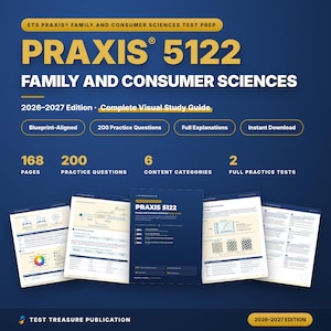 May include: A digital study guide for the Praxis 5122 Family and Consumer Sciences exam, 2026-2027 edition. The cover features yellow and white text on a dark blue background, highlighting 168 pages, 200 practice questions, and 2 full practice tests.