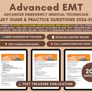 May include: Advanced EMT study guide and practice questions 2026-2027 book cover with brown background. Features include exam overview, content review, test-taking strategies, and practice tests. Three tablet screens display internal pages.