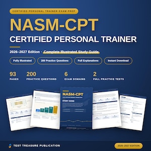 Peut inclure: Un guide d'étude numérique pour l'examen NASM-CPT Certified Personal Trainer, édition 2026-2027. La couverture bleue présente du texte jaune, 93 pages, 200 questions d'entraînement, 6 domaines d'examen et 2 tests complets. Pages intérieures incluses.