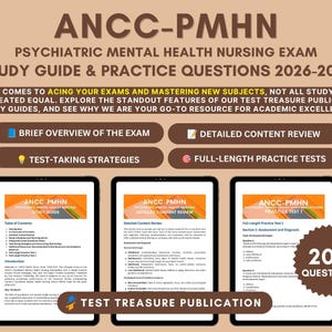 May include: ANCC-PMHN Psychiatric Mental Health Nursing Exam Study Guide & Practice Questions 2026-2027. Includes a brief overview, content review, test-taking strategies, and full-length practice tests with 200 questions by Test Treasure Publication.