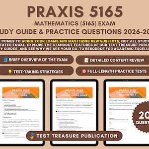 Può includere: Una guida allo studio per l'esame di matematica Praxis 5165 per il 2026-2027. Il testo include una panoramica, revisione dei contenuti, strategie di test ed esercitazioni. Tre schermi di tablet mostrano pagine interne e 200 domande.