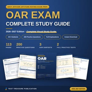 Könnte beinhalten: Ein Studienführer für die Navy Officer Aptitude Rating Prüfung, Ausgabe 2026-2027. Das Cover zeigt den Text OAR EXAM COMPLETE STUDY GUIDE, 113 Seiten, 200 Übungsfragen, 3 Untertests und 2 vollständige Übungstests. Enthält beispielhafte Seiten.
