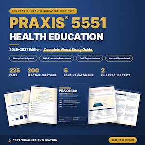 以下が含まれることがあります： ETS Praxis 5551 Health Education試験のデジタル学習ガイド、2026-2027年版。濃い青色の背景に黄色と白のテキストが配置され、225ページ、200問の練習問題、2回分の完全な模擬試験が記載されています。