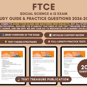 May include: FTCE Social Science 6-12 Exam Study Guide & Practice Questions 2026-2027. The text includes features like brief overview, content review, test-taking strategies, and full-length practice tests. Three tablet screens display book pages.