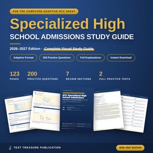 May include: A dark blue study guide for the 2026-2027 NYC SHSAT, featuring 123 pages, 200 practice questions, 7 review sections, and 2 full practice tests. The cover displays the title in yellow and white text, with sample pages showing math problems.