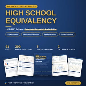 Può includere: Una guida allo studio per l'equivalenza del diploma di scuola superiore per l'esame HiSET, edizione 2026-2027. La copertina blu presenta testo dorato, 200 domande di pratica, 91 pagine, 5 sottotest e 2 test completi. Cinque pagine sono visibili.