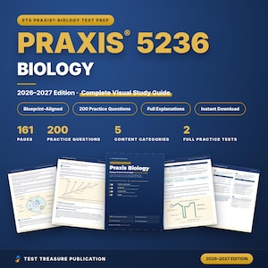 Może przedstawiać: Cyfrowy przewodnik do egzaminu ETS Praxis 5236 z biologii, wydanie 2026-2027. Okładka zawiera żółty tekst na ciemnoniebieskim tle, podkreślający 161 stron, 200 pytań praktycznych, 5 kategorii treści oraz 2 pełne testy praktyczne.