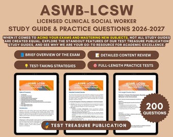 May include: ASWB-LCSW Licensed Clinical Social Worker Study Guide & Practice Questions 2026-2027. Includes a brief overview, content review, test-taking strategies, and full-length practice tests. Features three digital tablet displays showing 200 questions.