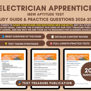 Op de afbeelding: Een studiegids getiteld Electrician Apprentice IBEW Aptitude Test Study Guide & Practice Questions 2026-2027. Het bevat secties over examenoverzicht, inhoudsbeoordeling, strategieën en oefentoetsen, met 200 vragen van Test Treasure Publication.