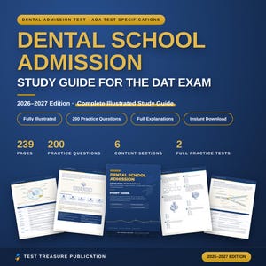 Puede incluir: Una guía de estudio para la admisión a la escuela de odontología para el examen DAT, edición 2026-2027. La portada presenta texto amarillo y blanco sobre un fondo azul oscuro, destacando 239 páginas, 200 preguntas y 2 exámenes de práctica.