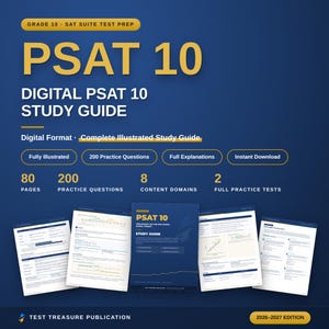 Pode incluir: Um guia de estudo digital PSAT 10 da Test Treasure Publication, edição 2026-2027. A capa azul apresenta texto dourado, 80 páginas, 200 questões de prática, 8 domínios de conteúdo e 2 testes completos. Inclui páginas de exemplo com gráficos.