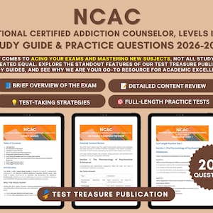 Op de afbeelding: NCAC National Certified Addiction Counselor Levels I & II Studiegids & Oefenvragen 2026-2027. De tekst bevat functies zoals overzicht, inhoudsbeoordeling, strategieën en tests. Drie tablets tonen de interne pagina's.