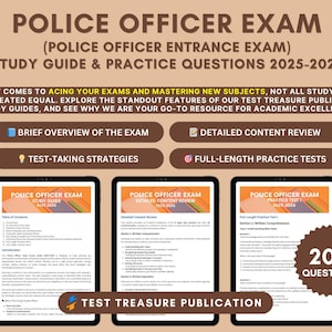 May include: Study guide for the Police Officer Exam 2025-2026. The image shows three tablets displaying study guide content, including a brief overview, detailed content review, test-taking strategies, and practice tests. The guide includes 200 questions.