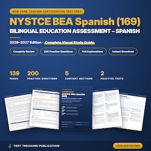 May include: A blue study guide for the NYSTCE BEA Spanish (169) exam, 2026-2027 edition. The cover features text including New York Teacher Certification Test Prep, 139 pages, 200 practice questions, 5 content sections, and 2 practice tests.