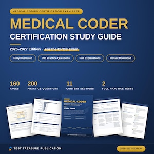 Pode incluir: Um guia de estudo de certificação de codificador médico edição 2026-2027 para o exame CPC. A capa apresenta texto amarelo e branco em um fundo azul escuro, destacando 160 páginas, 200 questões práticas, 11 seções e 2 testes completos.