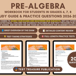 Könnte beinhalten: Ein Pre-Algebra-Arbeitsbuch für die Klassen 6, 7 und 8 für 2026-2027. Die digitale Anzeige zeigt einen Studienführer, Inhaltsübersichten und Übungstests mit 200 Fragen. Der Text enthält 'Test Treasure Publication' und Prüfungsinformationen.