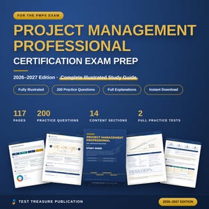 Op de afbeelding: Een blauwe studiegids voor het PMP-examen, editie 2026-2027, met 117 pagina's, 200 oefenvragen, 14 inhoudssecties en 2 volledige oefentoetsen. De omslag toont de titel Project Management Professional Certification Exam Prep.