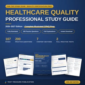 Può includere: Una guida allo studio professionale sulla qualità sanitaria per l'esame CPHQ, edizione 2026-2027. La copertina presenta testo giallo su sfondo blu scuro, evidenziando 107 pagine, 200 domande di pratica, 7 sezioni e 2 test di simulazione.