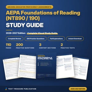 Puede incluir: Una guía de estudio azul y amarilla AEPA Foundations of Reading NT890/190 para 2026-2027. La portada incluye texto que detalla 110 páginas, 200 preguntas de práctica, 3 secciones de contenido y 2 exámenes de práctica, con ejemplos abajo.