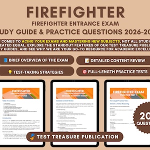 Puede incluir: Una guía de estudio y preguntas de práctica para el examen de ingreso de bomberos 2026-2027 de Test Treasure Publication. La portada incluye texto sobre preparación de exámenes y cuatro tabletas digitales con 200 preguntas de práctica.