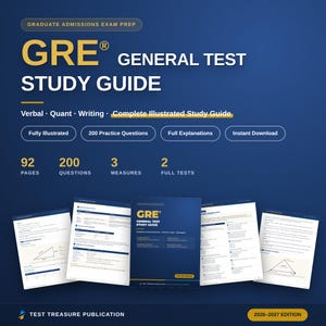 Könnte beinhalten: Ein GRE General Test Studienführer mit dunkelblauem Einband und goldenem Text. Der Leitfaden enthält 92 Seiten, 200 Übungsfragen, 3 Maßeinheiten und 2 vollständige Tests. Der Einband zeigt den Titel, die Ausgabe 2026-2027 und Test Treasure Publication.