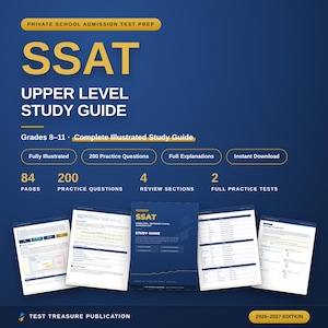 May include: A dark blue SSAT Upper Level study guide for grades 8-11. The cover features yellow text, 200 practice questions, 84 pages, 4 review sections, and 2 full practice tests. Five sample pages are displayed below the main cover title.