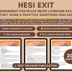 Pode incluir: Um anúncio de um guia de estudo e questões práticas para o exame HESI EXIT. A imagem apresenta três tablets exibindo conteúdo, com o texto "HESI EXIT" e "Test Treasure Publication". A imagem também inclui o texto "200 Questions".