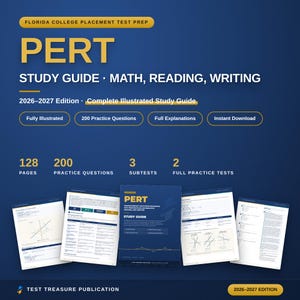Op de afbeelding: Een blauwe studiegids voor de Florida College Placement Test, getiteld PERT Study Guide Math, Reading, Writing 2026-2027 Edition. Het bevat 128 pagina's, 200 oefenvragen, 3 subtests en 2 volledige oefentoetsen, met voorbeeldpagina's eronder.