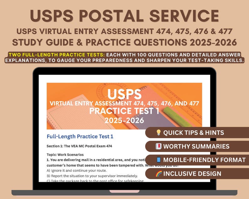 USPS Postal Exam Study Guide 2025-2026: VEA 474, 475, 476, 477 With Practice Tests - Etsy