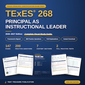 Puede incluir: Una guía de estudio azul para el examen TExES 268 Principal as Instructional Leader, edición 2026-2027. Contiene 147 páginas, 200 preguntas de práctica, 7 secciones de contenido y 2 exámenes de práctica completos, con páginas de muestra.