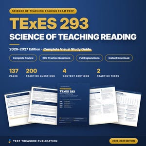 Puede incluir: Una guía de estudio visual TExES 293 Science of Teaching Reading edición 2026-2027. La portada azul tiene texto amarillo y blanco, 137 páginas, 200 preguntas de práctica, 4 secciones de contenido y 2 exámenes de práctica. Incluye páginas.