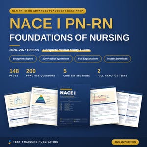 Könnte beinhalten: Ein digitaler Studienführer mit dem Titel NACE I PN-RN Foundations of Nursing Ausgabe 2026-2027. Das Cover zeigt goldenen Text auf dunkelblauem Grund und hebt 148 Seiten, 200 Übungsfragen, 5 Inhaltsabschnitte und 2 volle Übungstests hervor.