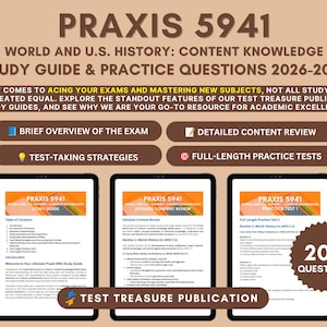 Op de afbeelding: Een Praxis 5941 World and U.S. History studiegids en oefenvragen voor 2026-2027. De omslag bevat tekst over examenvoorbereiding, vier functieknoppen, drie tabletschermen met studie-inhoud en een badge met 200 vragen.