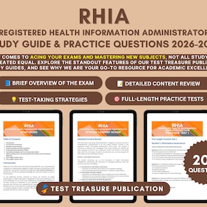 Op de afbeelding: Een studiegids voor het Registered Health Information Administrator examen 2026-2027 van Test Treasure Publication. Het bevat een overzicht, inhoudelijke beoordeling, examentips en volledige oefentoetsen met 200 vragen.