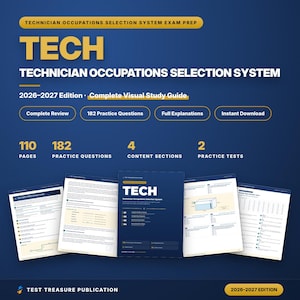 Puede incluir: Una guía de estudio edición 2026-2027 para el examen Technician Occupations Selection System (TOSS). La portada muestra el título TECH en letras amarillas grandes, con 110 páginas, 182 preguntas de práctica, 4 secciones y 2 pruebas.
