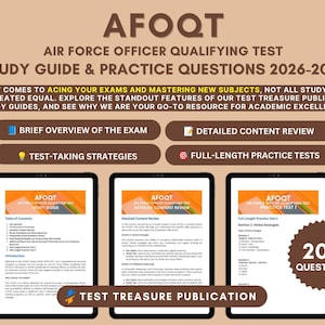 May include: A study guide for the AFOQT Air Force Officer Qualifying Test 2026-2027 by Test Treasure Publication. The graphic displays three tablet screens showing internal pages, with text highlights for exam overview, content review, and practice tests.