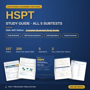 Op de afbeelding: Een blauwe HSPT-studiegids voor de editie 2026-2027, met 107 pagina's, 200 oefenvragen, 5 subtests en 2 volledige oefentoetsen. De omslag toont de titel in gele tekst en de afbeelding bevat voorbeeldpagina's met diagrammen.